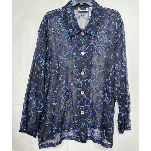 Maggie Barnes Tops - Maggie Barnes Whimsy 100% Silk Embroidered Sheer Shirt Black Paisley Plus 2X Vtg